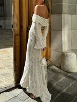 Sexy Women Hollow Out Slash Neck Lace Flared Sleeve Long Dress Elegant Laced Up Slim Fit Robes New Lady Evening Party Vestidos 2