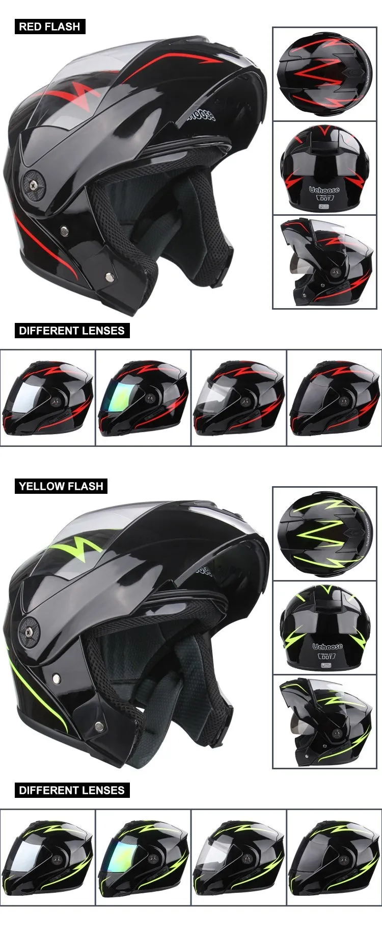 Uchoose Unisex Motorcycle Helmet DOT Certification Double Lens Cross Section Helmet Safety Modular Flip Helm Helmet With Visor