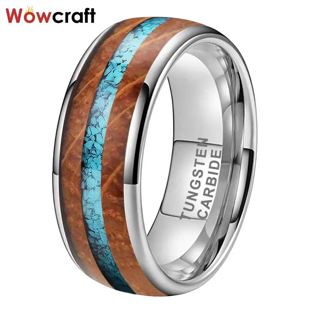 

Whisky Barrel Oak Wood Crushed Turquoise Inlay Tungsten Ring for Men Women Fashion Engagement Wedding Band