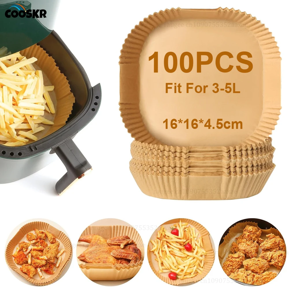 Air Fryer Liners Disposable 100pcs Parchment Paper Square Liners Round Liners Free of Bleach Non-Stick Oil-proof and Waterproof 1