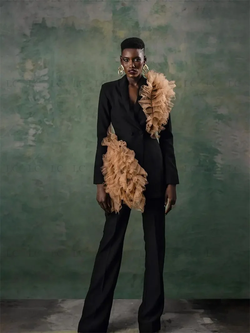 Stylish Women Suits 2 Piece Blazer Pants One Button Peaked Lapel Formal Lace Work Wear Party Slim Fit Plus Size Costume Homme