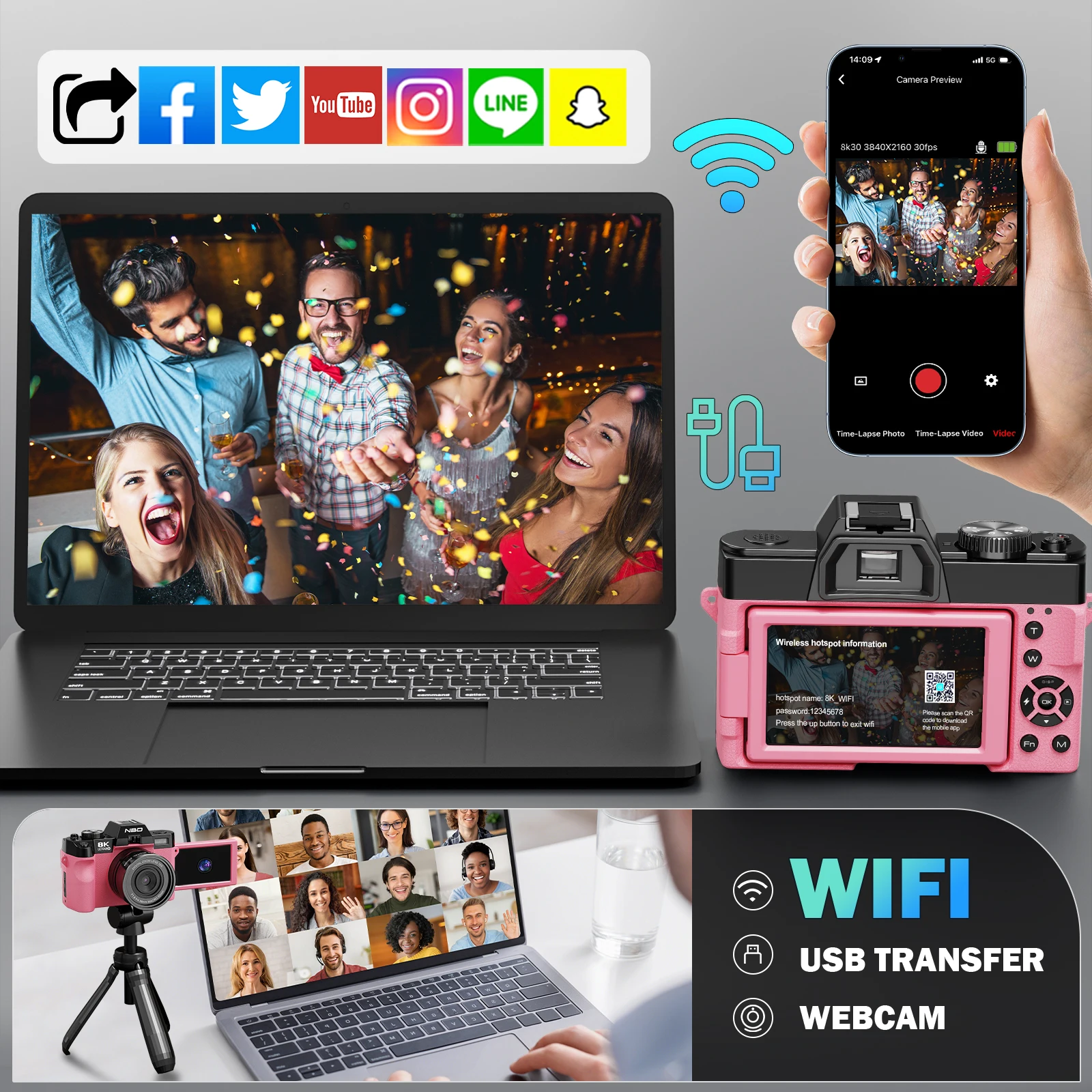 NBD 64MP&8K 비디오/브이로그 촬영 디지털 카메라 핑크 바디, 앱 컨트롤, 자동 초점, 여행용 카메라, 초보자, 소녀들을 위한 선물