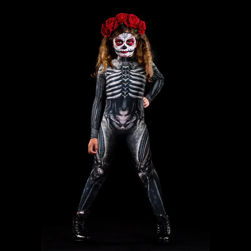 Halloween Skeleton Rose Adult Kids Scary Costume Bodysuit Cosplay Devil Jumpsuit Carnival Party Baby Girl Rompers Day The Dead
