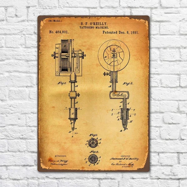 

Vintage Tattoo Machine 1891 Patent Vintage Retro Metal Tin Sign Metal Sign Wall Decor Fashion Art Decor Poster Metal Plate