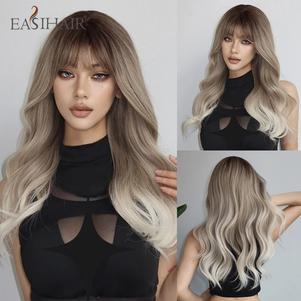 

Long Wavy Synthetic Wigs Ombre Gray Ash Brown Blonde Wigs with Bangs for Women Daily Party Cosplay Natural Heat Resistant Fiber