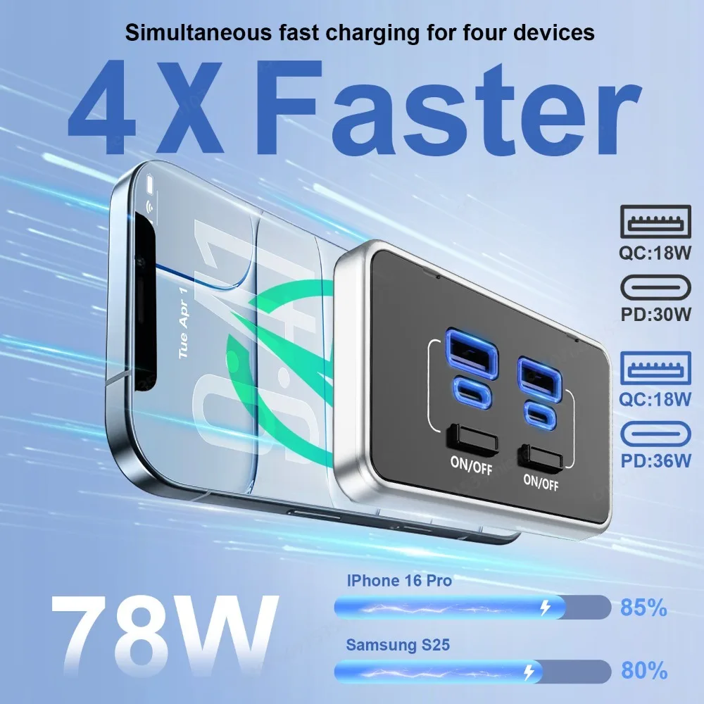 4-Port 78W High-Speed USB Charger Panel with Dual PD Type-C & QC3.0 Ports and Switch