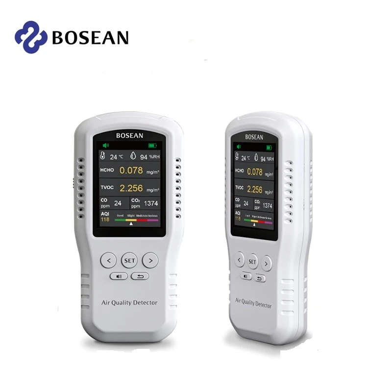 

Bosean Air Quality Monitor CO2 CO PM2.5 HCHO TVOC Temperature Humidity Meter Home Air Quality Detector Real Sensor Voice Alarm