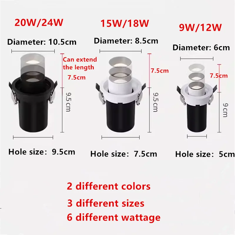1Pcs LED Aluminum Recessed Rotating Downlight 9W12W15W18W20W24W Epistar Chip COB Spot Light Ceiling Lamp AC85-265V