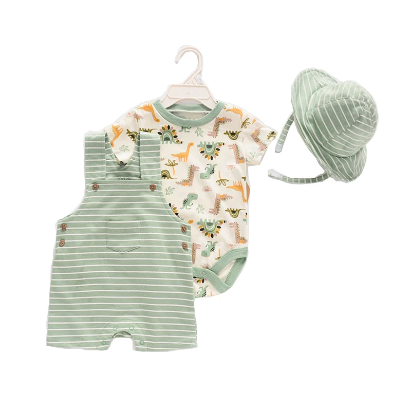 

3Pcs Set Korean Style Newborn Baby Rompers Suit Organic Cotton Super Soft Short-Sleeved Suspenders Shorts Hat Infant Summer
