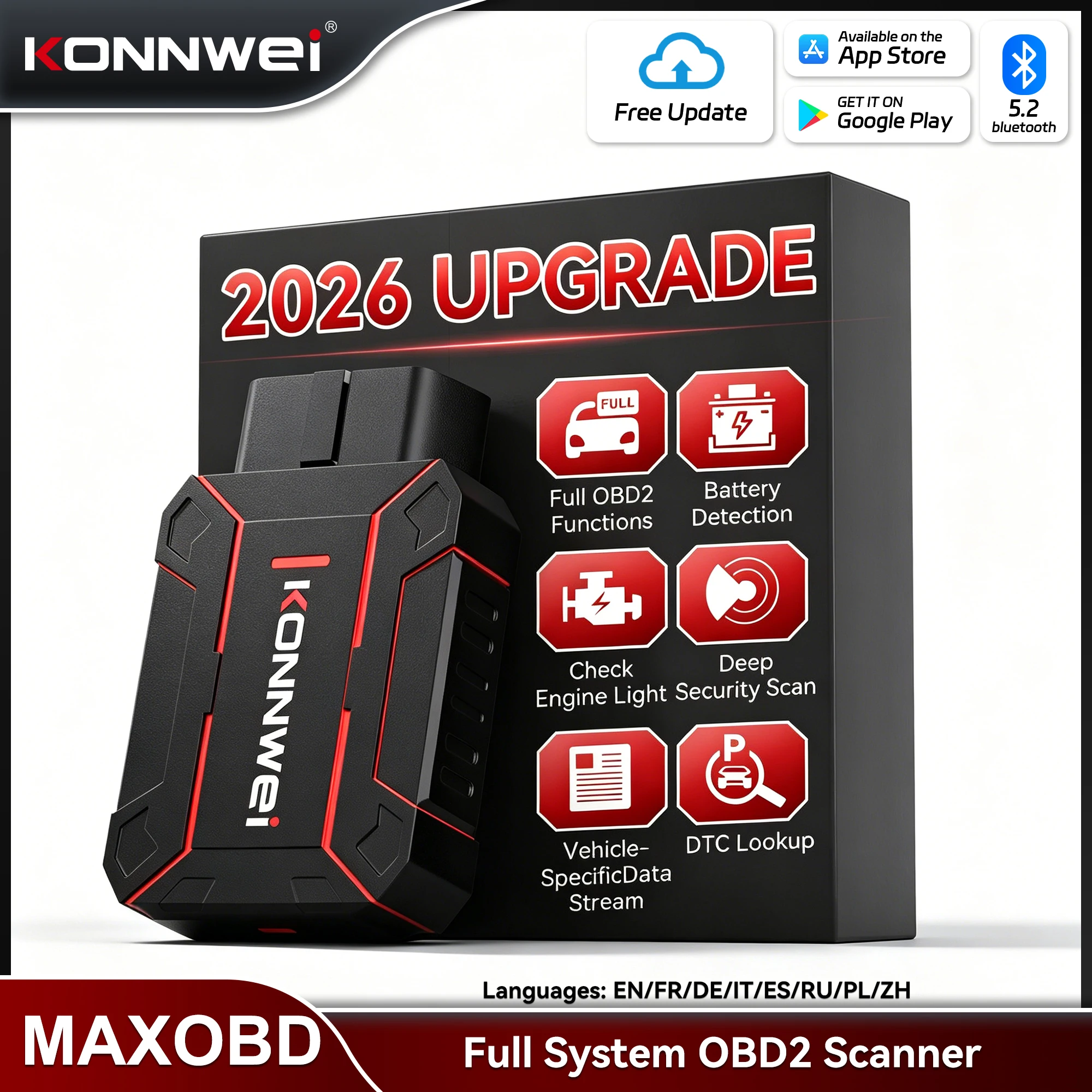 KONNWEI MAXOBD Full System OBD2 Fault Scanner Bluetooth 5.2 Car OBDII Diagnostic Tool 41+ Dedicated Data Stream for iOS Android