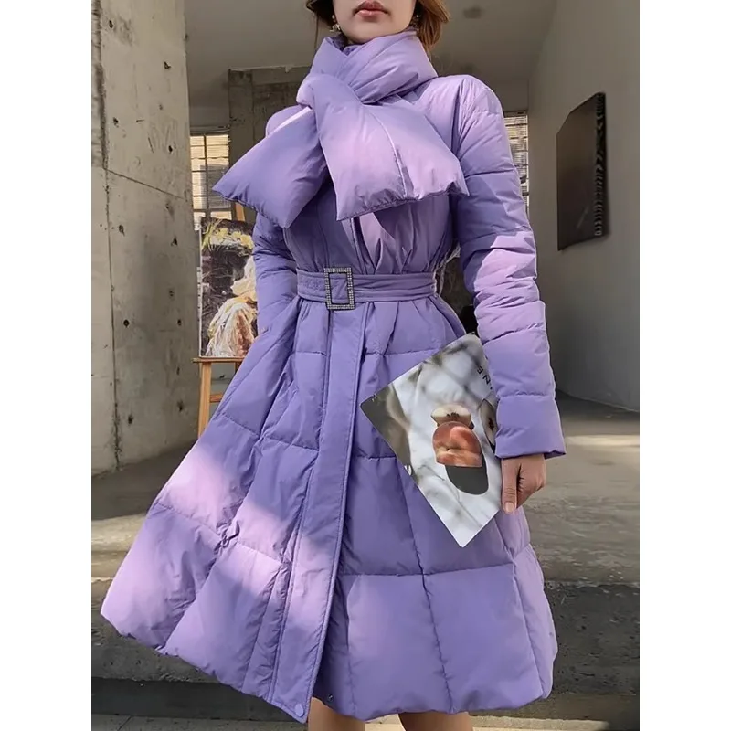Fashion Detachable Scarf Waist-Tight White Duck Down Jacket Female Winter New Mid-Length Thickened Warm Purple Coat for Women