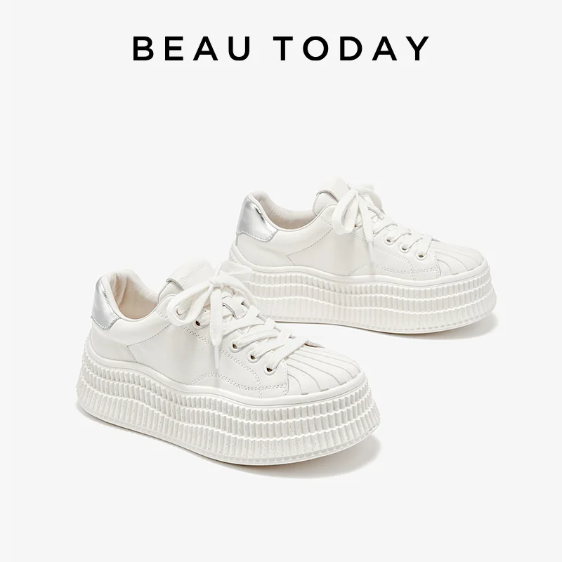 

BEAUTODAY Simple Sneakers Women Genuine Cow Leather White Platforms Round Toe Ladies Shoes Handmade 29744