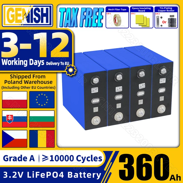 Grade A 10000 Cycles 360Ah LiFePO4 Batterie nouvelle 3.2V Batterie Rechargeable bricolage 12V 24V 48V pour RV EV Camping cellules solaires Stock ue 1