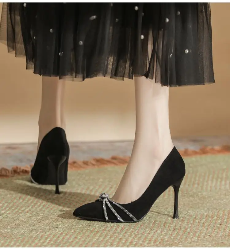 

Size 30-44 Rhinestone Thin Heel Point Toe 9cm High Heel Shoes Women Pumps Suede Black Apricot Daily Work Shoes