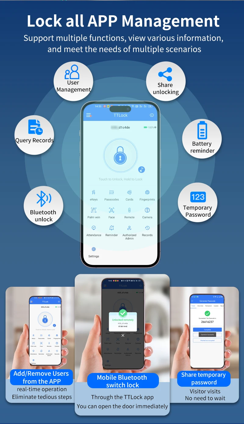 Ttlock APP Wooden Glass Door Lock Bluetooth Remote Unlock Fingerprint App Card P
