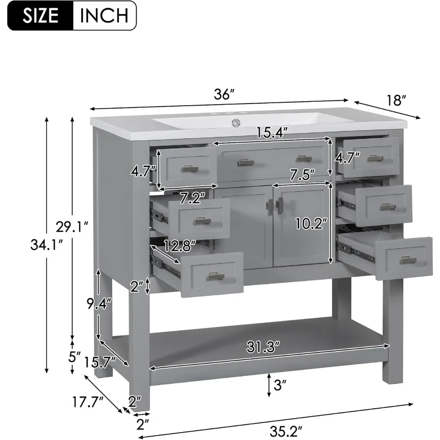 36'' Bathroom Vanity with Single Sink Combo Modern Bathroom Sink Cabinet with 2 Soft Closing Doors Solid Wood Frame Vanities 2