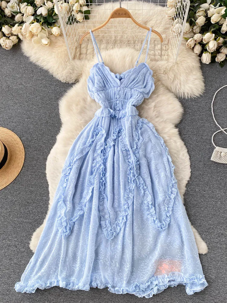 

2023 Summer New Pure Desire Wind Fairy Temperament Tea Break Suspender Dress Skirt Sexy Gentle Super Fairy Vestidos Women Y031