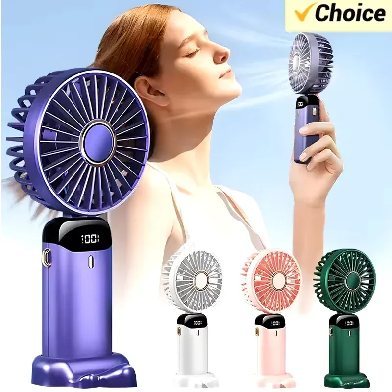 USB Handheld Mini Fan Foldable Portable Neck Hanging Fans 5 Speed summer Rechargeable Fan with Phone Stand and Display Screen