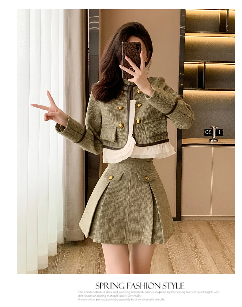 2 Piece Set Women's Stand Tweed Short Jacket Coat + Pleated Mini
