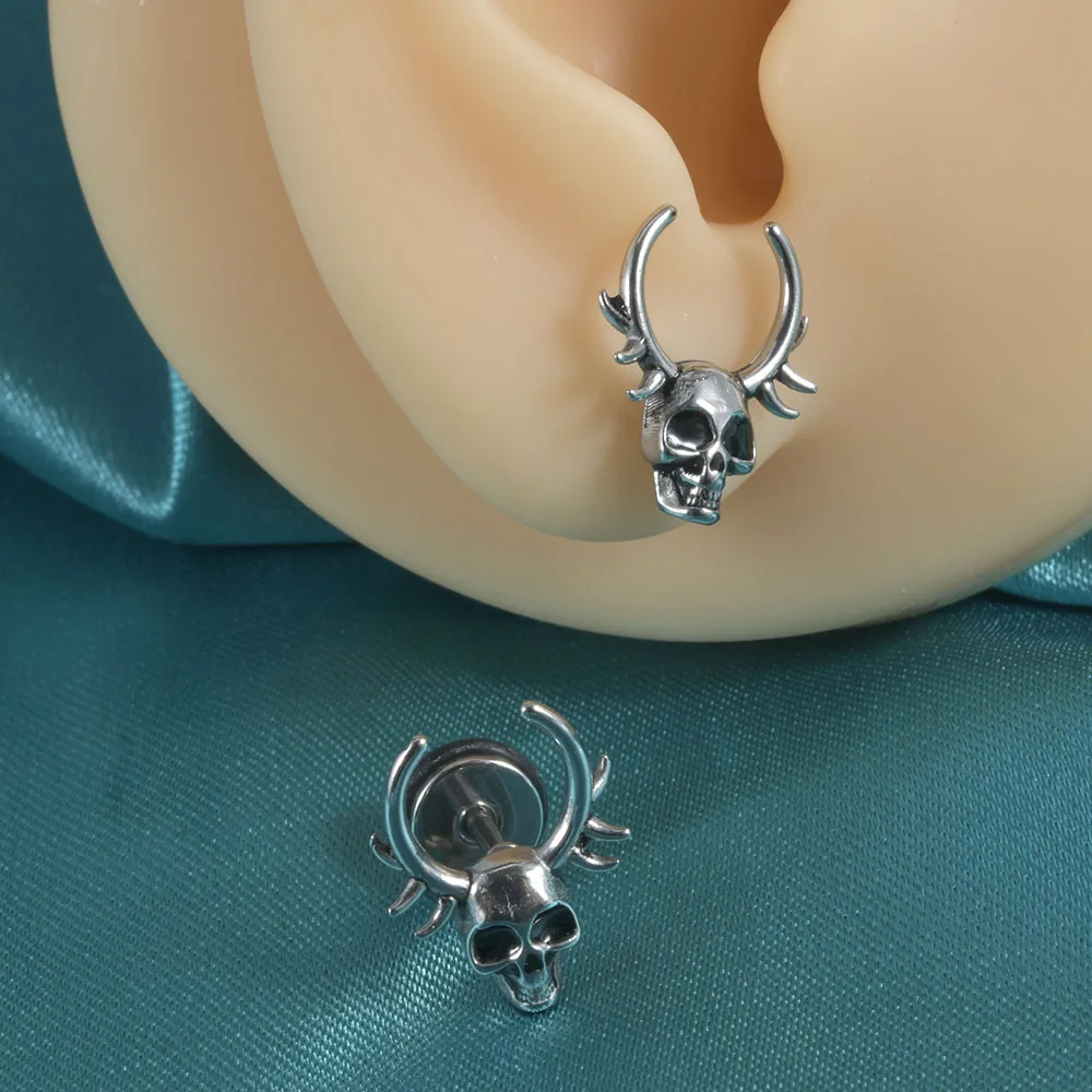 Skull Ghost Head Bunny Stud Earrings PAIR Punk Flat Back Screw On Cool Star Ear Lobe Studs Cartilage Helix Piercing Punk Style