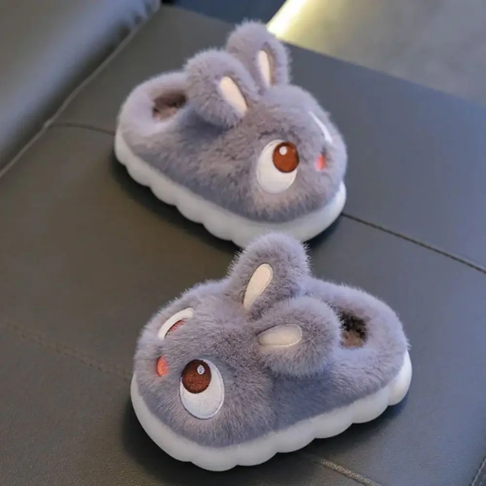 Cartoon Design Comfortable Warm Rabbit Slippers Fluffy Anti Slip Children's Slippers Faux Fur Waterproof Cotton Shoes Boys Girls