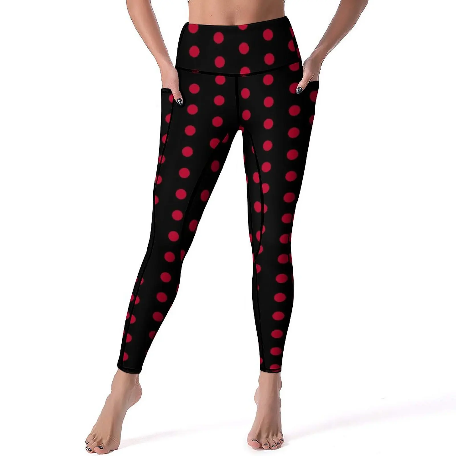 

Black with Red Polka Dot Leggings Sexy Dotted 70S Vintage Gym Yoga Pants Push Up Stretchy Sports Tights With Pockets