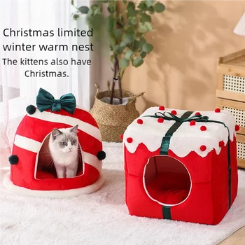 Nid de chat fermé d’hiver, boîte cadeau de noël, maison de couchage pour chats, chiens, lit doux et chaud, chatons, chiots, fête pour animaux de compagnie, décembre, fête de noël