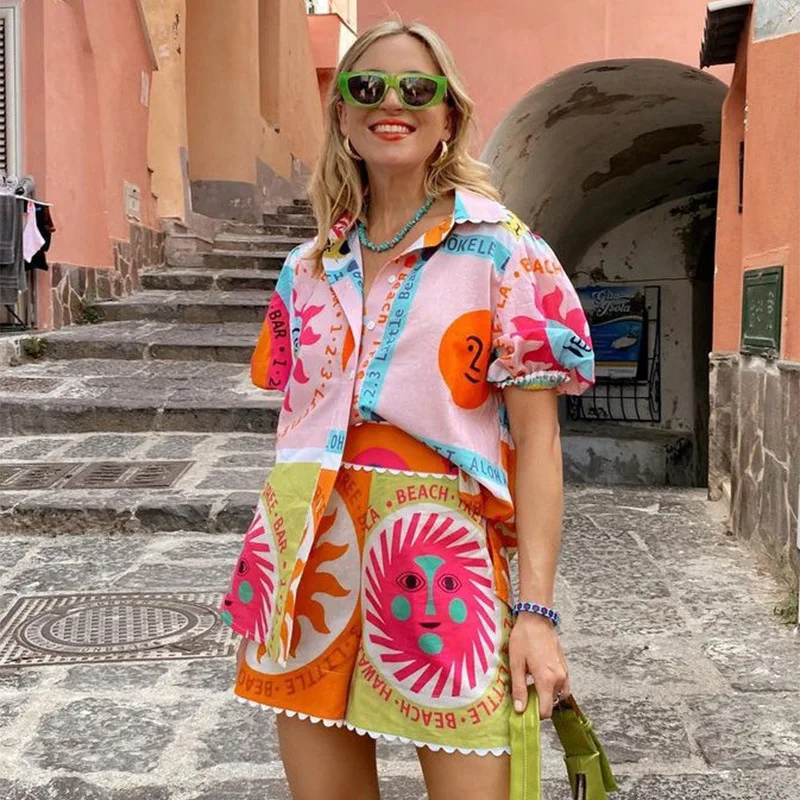 Women's Y2K Summer 2 Pieces Outfits Sets Aesthetic Sun Print Short Sleeve Lapel Shirts Tops + Elastic Waist Shorts