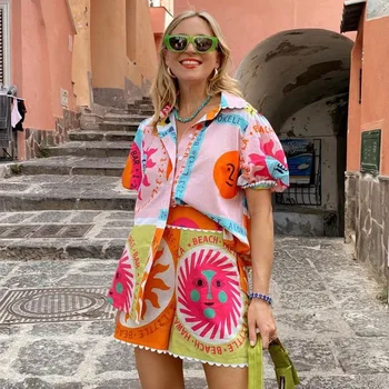 Women's Y2K Summer 2 Pieces Outfits Sets Aesthetic Sun Print Short Sleeve Lapel Shirts Tops + Elastic Waist Shorts