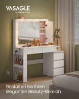 Туалетный столик VASAGLE со светодиодной подсветкой, современный туалетный столик с зеркалом, розетки для ювелирного шкафа, полоска