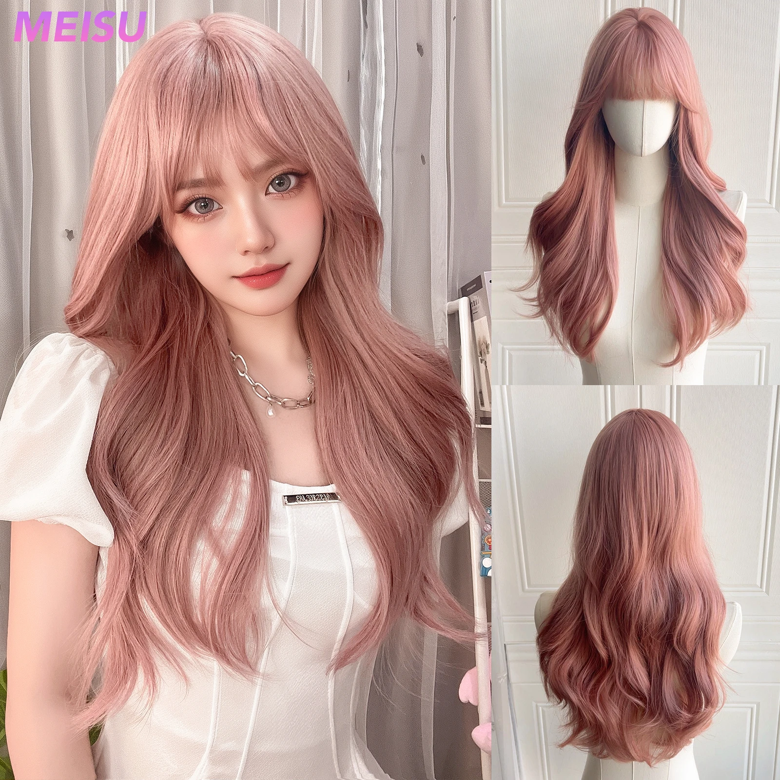 

MEISU Pink Brown Curly Wigs Air Bangs 24 Inch Fiber Synthetic Wigs Heat-resistant Natural Party or Selfie For Women