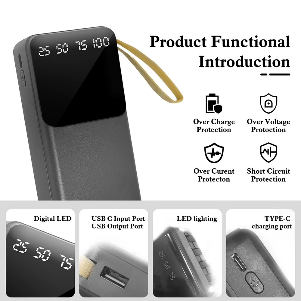 20000mAh Power Bank Portable Charger Backup LED Digital Display External Battery 4in1 Cable Mobile Power 4