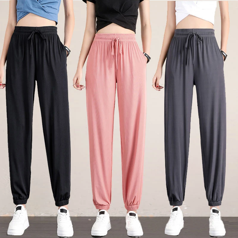 

2023 New Ice Silk Wide-Leg Pants Women Loose Leggings High Waist Mopping Pants For Office Lady Casual Drawstring Long Trousers