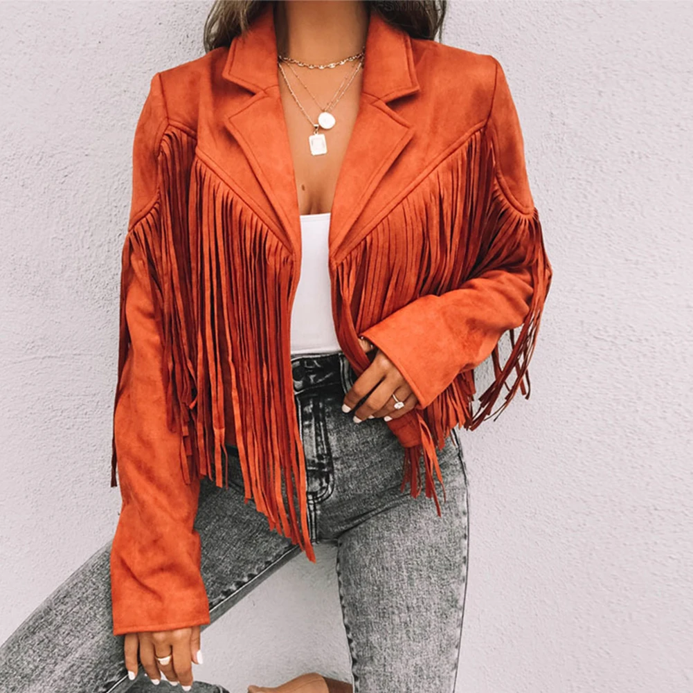 

Comfy New Womens Tops Womens Jacket Fringed Hem Tassel Cardigan Lapel Faux Suede Leather Coat Non Strech Regular