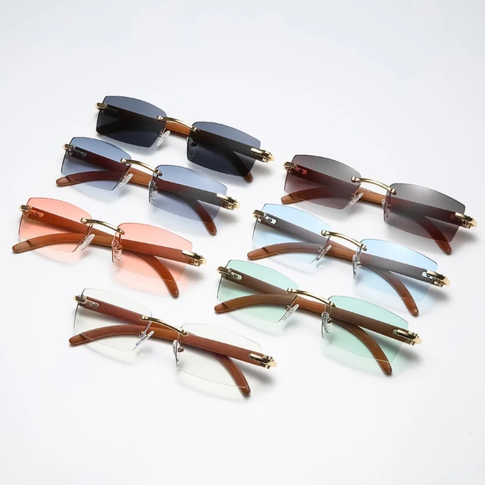 Retro Sunglasses for Women Ins Same Style Wood Texture Leopard Grain Mirror Legs Octagon Frameless Korean