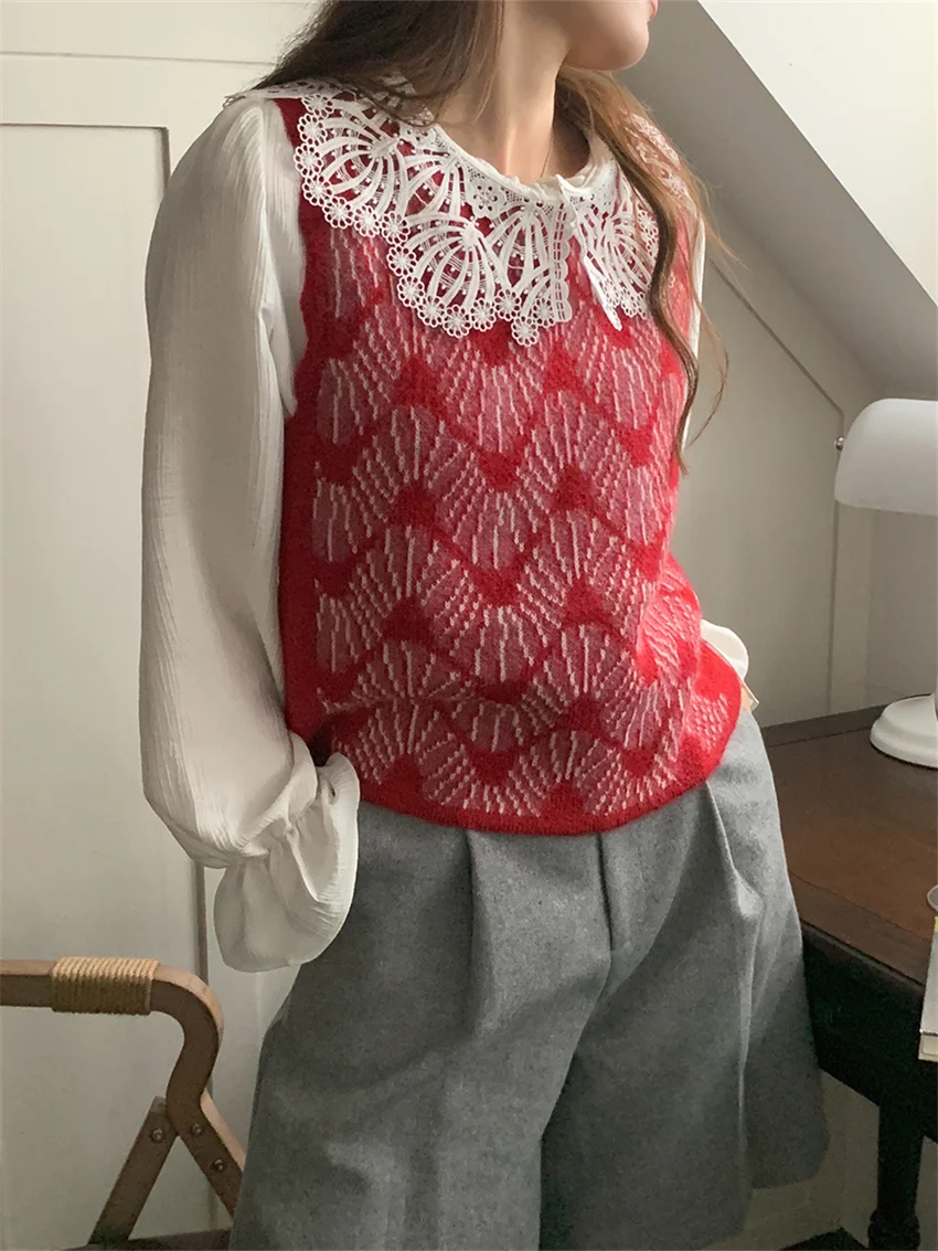 Arazooyi Vintage Wide Leg Shorts Women Chic Office Lady Peter Pan Collar Shirts Autumn Elegant Knitted Sweet Sweaters Vest