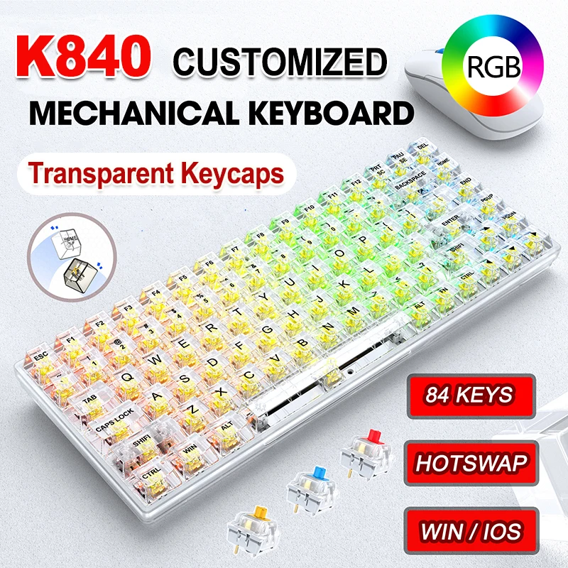 Клавиатура Механическая K840, бесшумная Проводная клавиатура с 84 клавишами, RGB, прозрачная, Type-C, для офиса