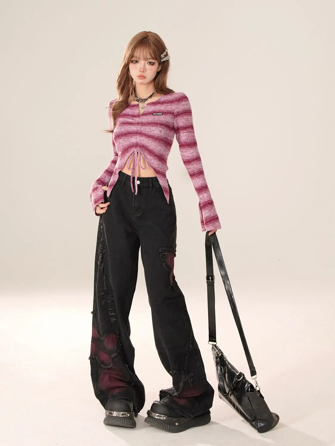 Black sweet and cool jeans for women new style washed distressed raw edge wide leg pants with butterfly pattern design trousers