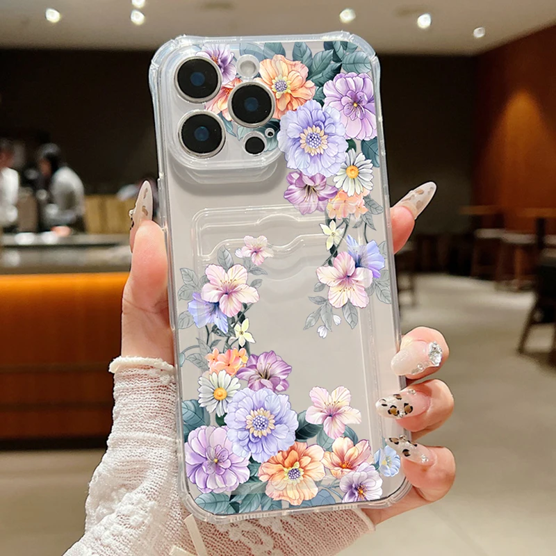 Floral Shockproof Clear TPU Phone Cover with Card Slot Pocket