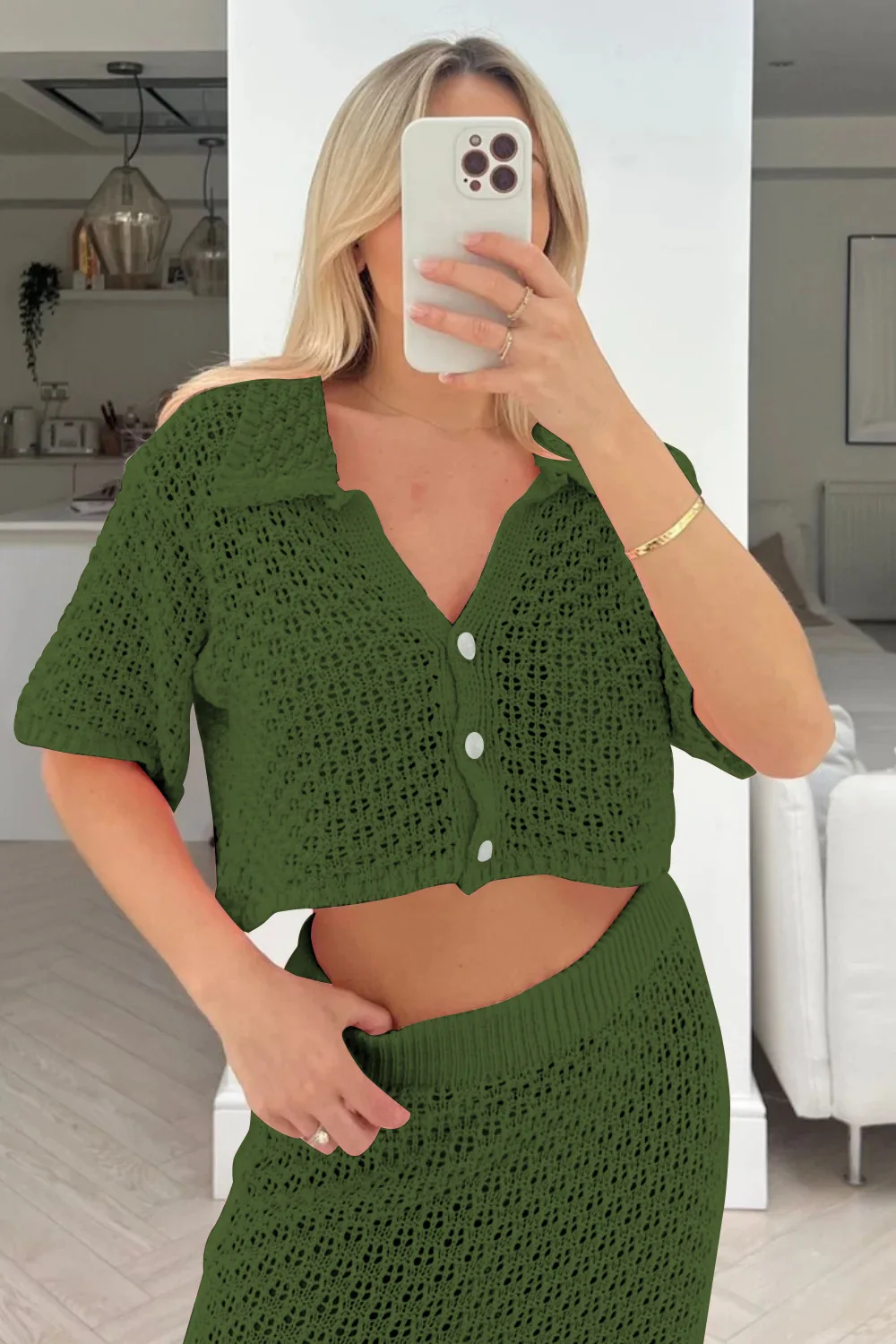 Knit Hollow Out 2 Piece-Set Long Skirt Women's Cropped Top Cardigan And High Waist Maxi Skirt Outfits Female Clothes