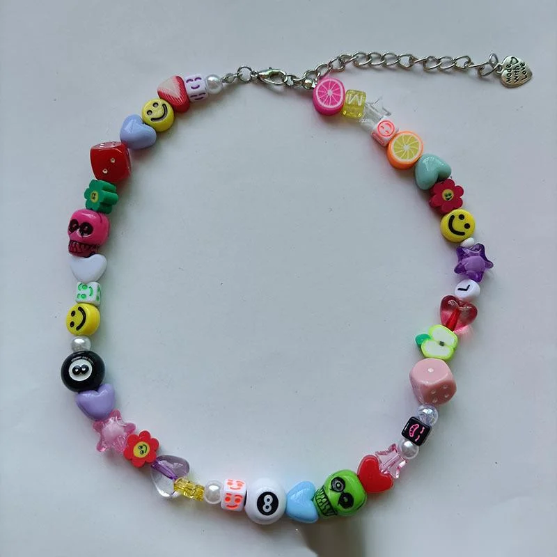 Hot Sale Halloween Skull Jewelry Soft Ceramic Smiling Face Butterfly Acrylic Dice Star Necklace_voghion.com