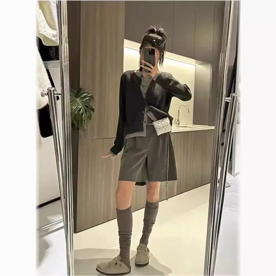 Gray Fake Two Piece Long Sleeve Knitted Sweater for Women