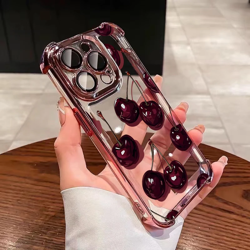 Floral Cherry Pattern Plating Strawberry Phone Case