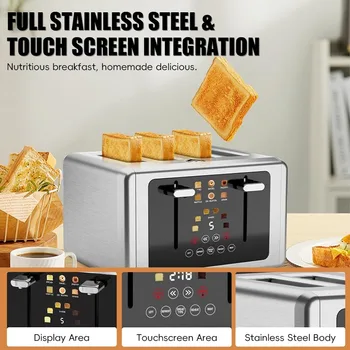 4 Slice Toaster, Touchscreen & Dual Independent Control Panel，5 Basic Functions & Digital Countdown Toasters, 6 Shade Settings 6