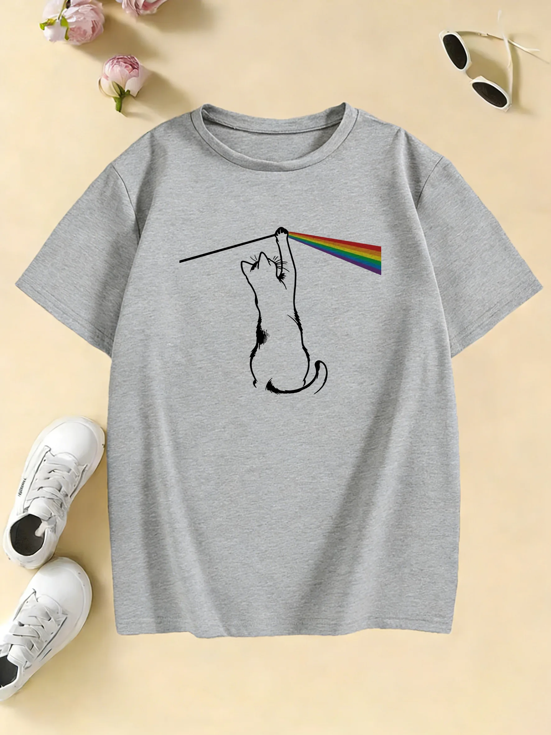 패션 레인보우 고양이 디자인 프린트 티셔츠 어린이 어린이 티셔츠 소년 소녀 여름 봄 캐주얼 탑 티