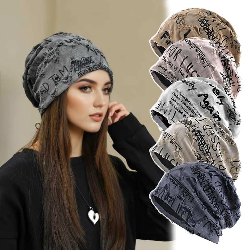 Trendy Letter Print Baggy Slouchy Beanies Knitted Hat For Women Men Hip Hop Vintage Stacked Caps Unisex Headwear