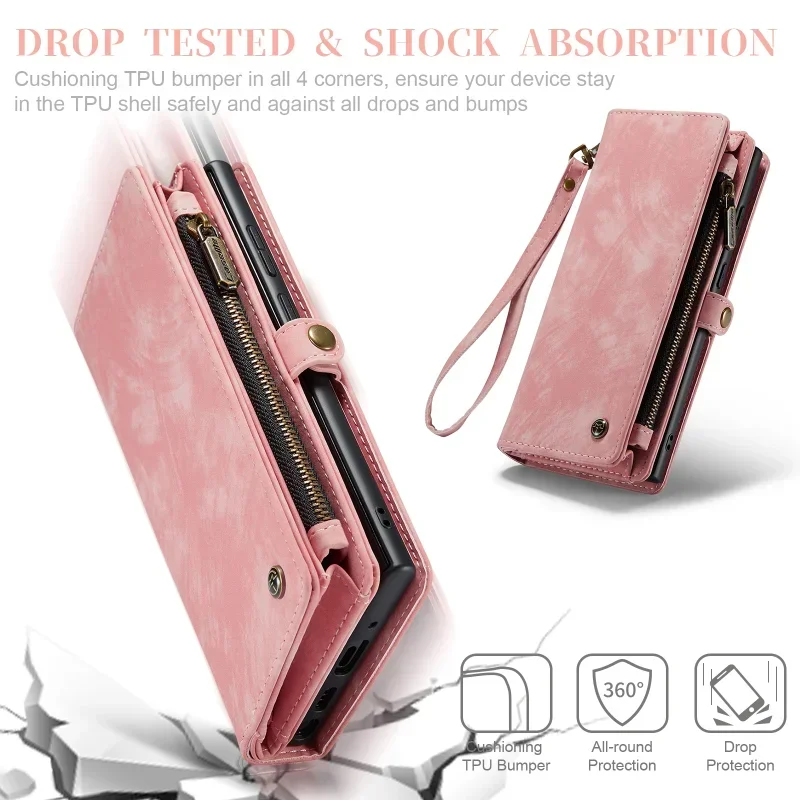 Magnetic Closure Leather Wallet Case for Samsung Note 10 Plus Note 20 Ultra Flip Cover Card Slots Zipper Pocket with Hand Strap