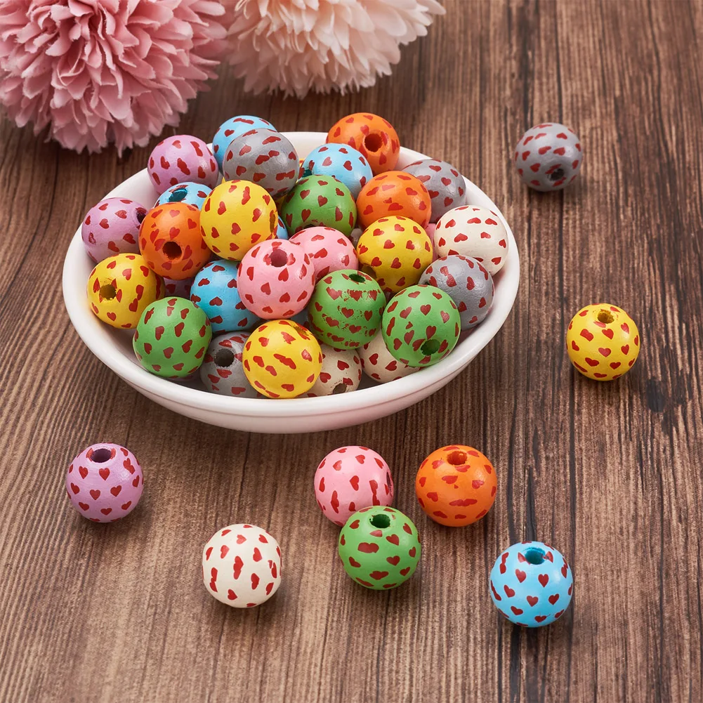 Kissitty 80Pcs Heart Pattern Printed Schima Wood Beads For DIY Handmade Jewelry Making Necklace Accessories