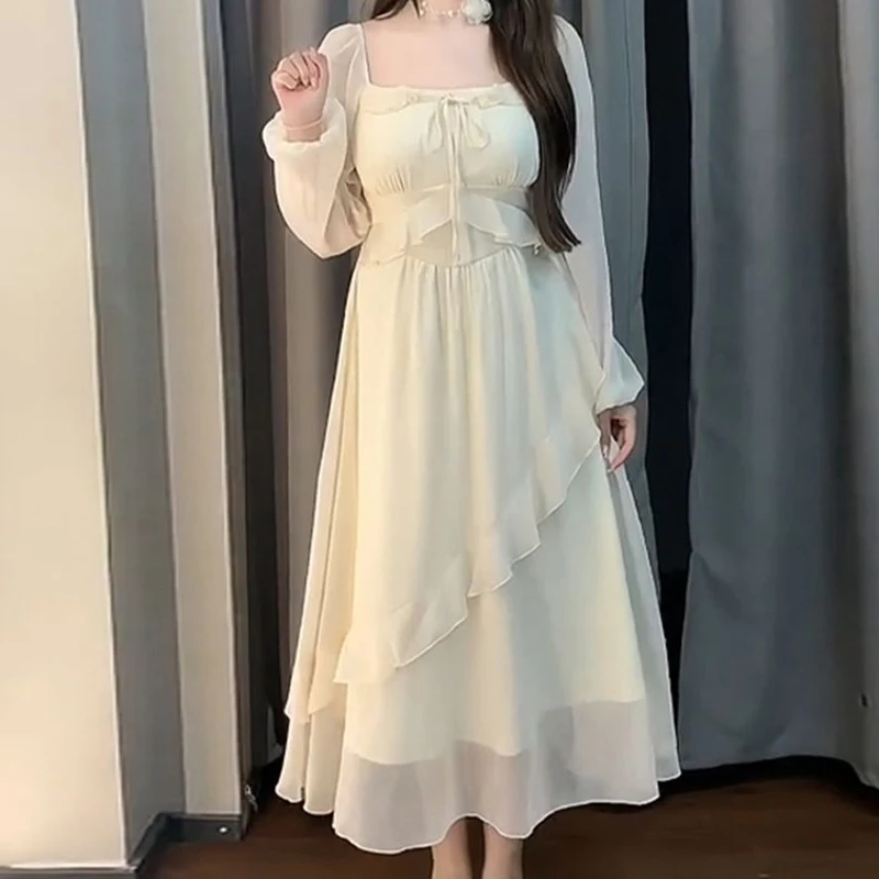 

spring autumn square neck fashion Long Sleeve maxi dress women Ruffles lacing Vestidos High street Casual Solid color dresses