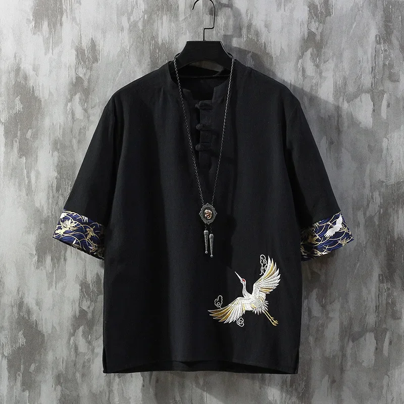 thumbnail image 1 of Camiseta de manga corta de lino y algodón bordada para hombre de estilo chino, chaqueta de traje Tang de corte fino, camiseta de manga corta de lino y algodón, 1 of 5
